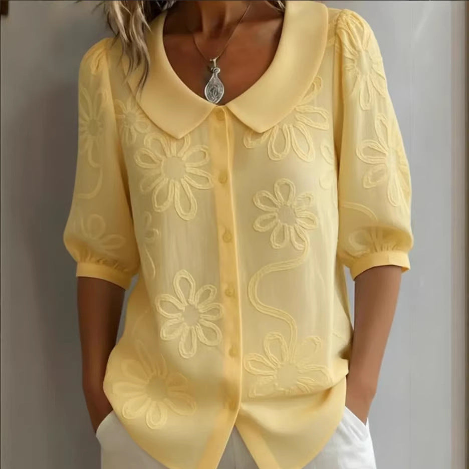 Women's Loose-Fit Retro 3D Embroidered Floral Buttoned Casual Top - Image 5