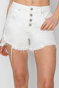 Blue denim shorts featuring an exposed button fly and frayed hemline detail