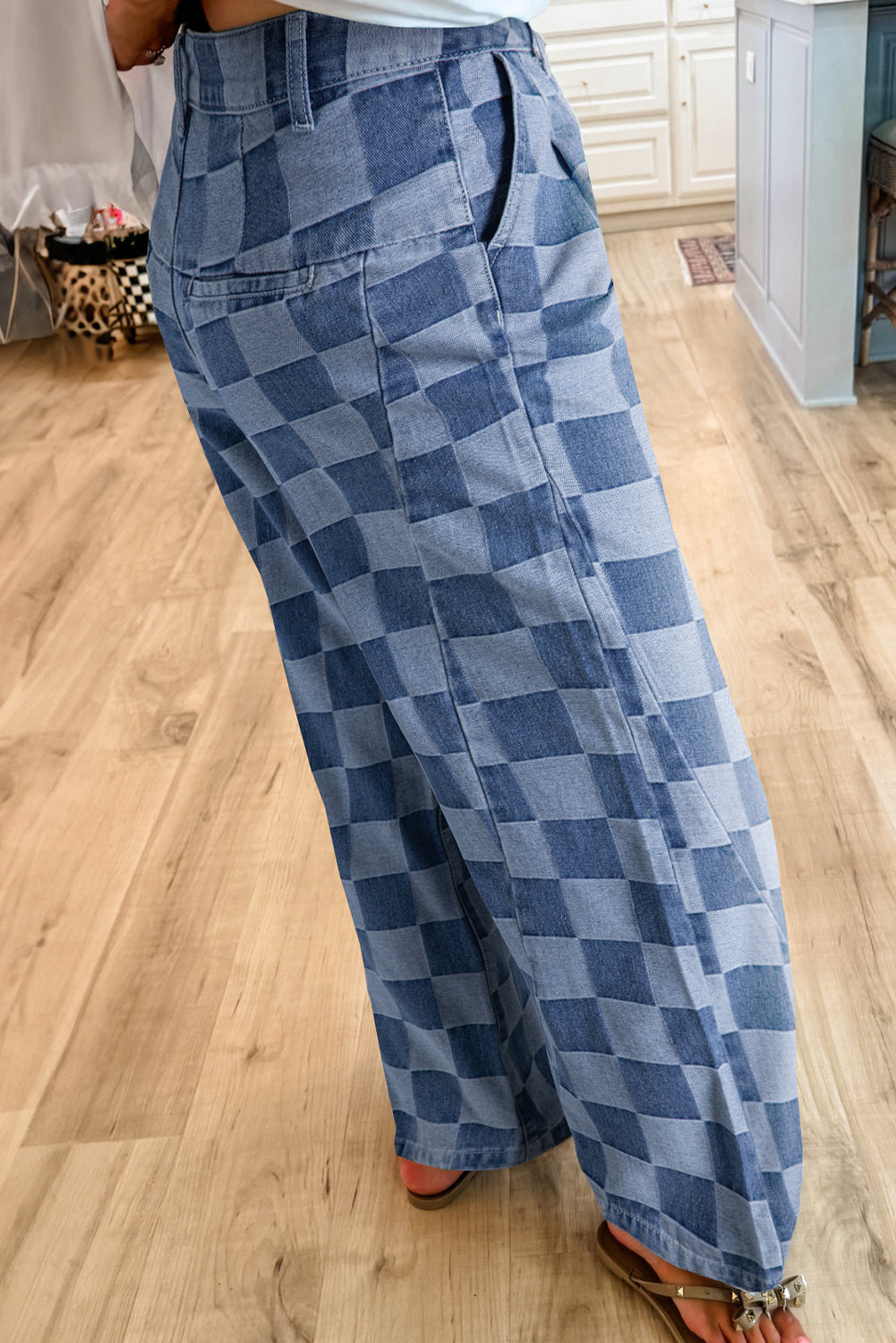 112 Dusk Blue Checkered Wide Leg Jeans | Light Wash