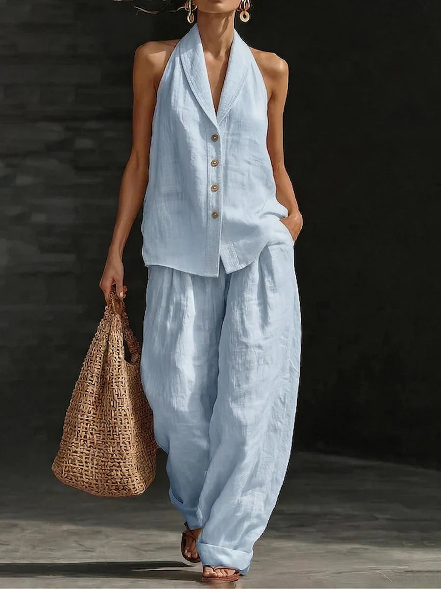 Women's Sleeveless V-Neck Vest and Wide-Leg Cotton Linen Pants Set - Image 8