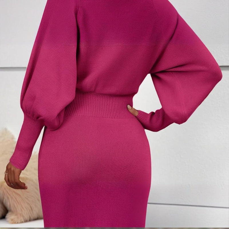 Women's Lantern Sleeve Bodycon Knit Dress Elegant Midi - Image 7