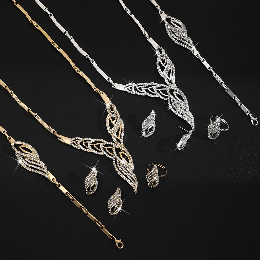 Factory Supply Direct Sales European And American Hot Selling Women's Alloy Rhinestone Necklace Jewelry Set Bridal Wedding Banquet Jewelry