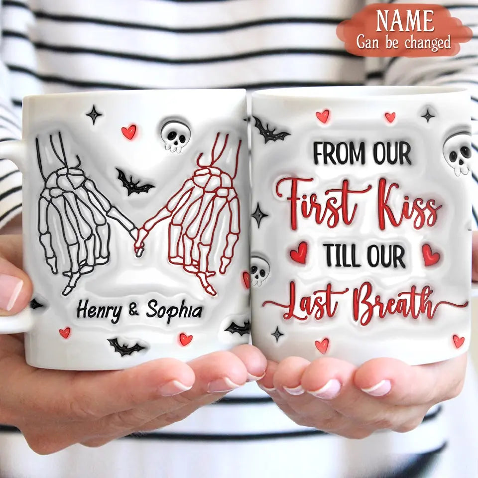Custom Personalized Skull Couple Coffee Mug - Halloween Gift Idea For Couple - From Our First Kiss Till Our Last Breath