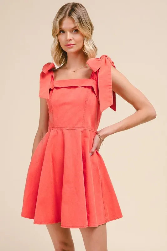 SO ME Fit and Flare Washed Denim Gameday Dress - Coral