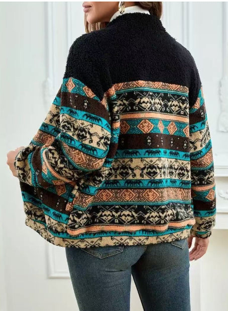 Women's Black Double-Sided Plush Zip-Up Cardigan - Stand Collar Winter Jacket