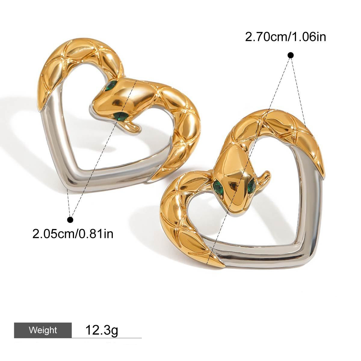 18K gold hollow heart with gold and silver color matching design high-end earrings