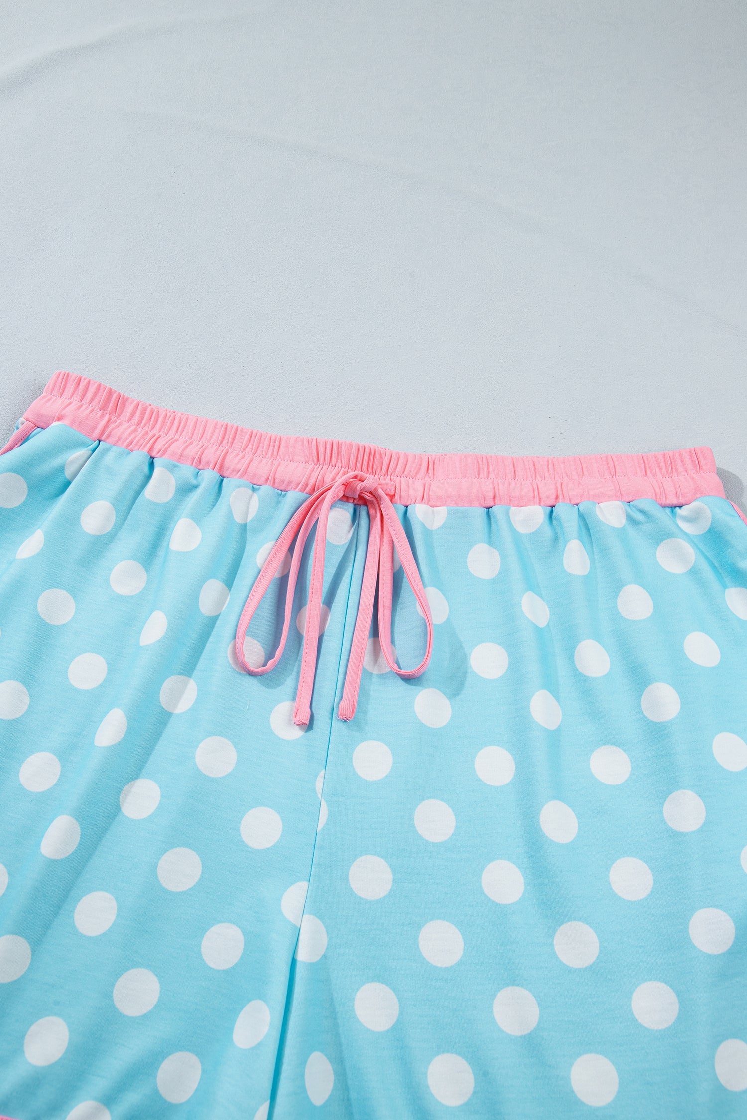 Polka Dot Short Sleeve Lounge Set with Pink Trim in Light Blue