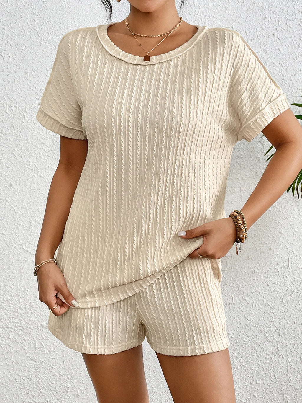 Texture Round Neck Top and Shorts Lounge Set