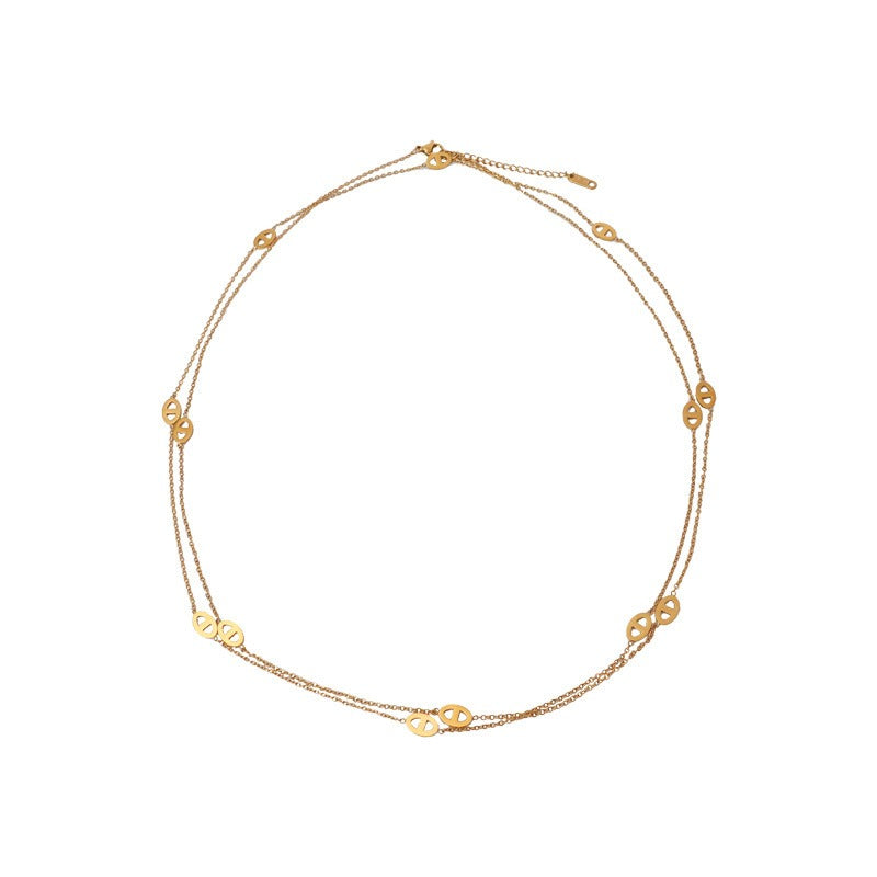 18K gold plated pig nose design link necklace with smooth geometric finish