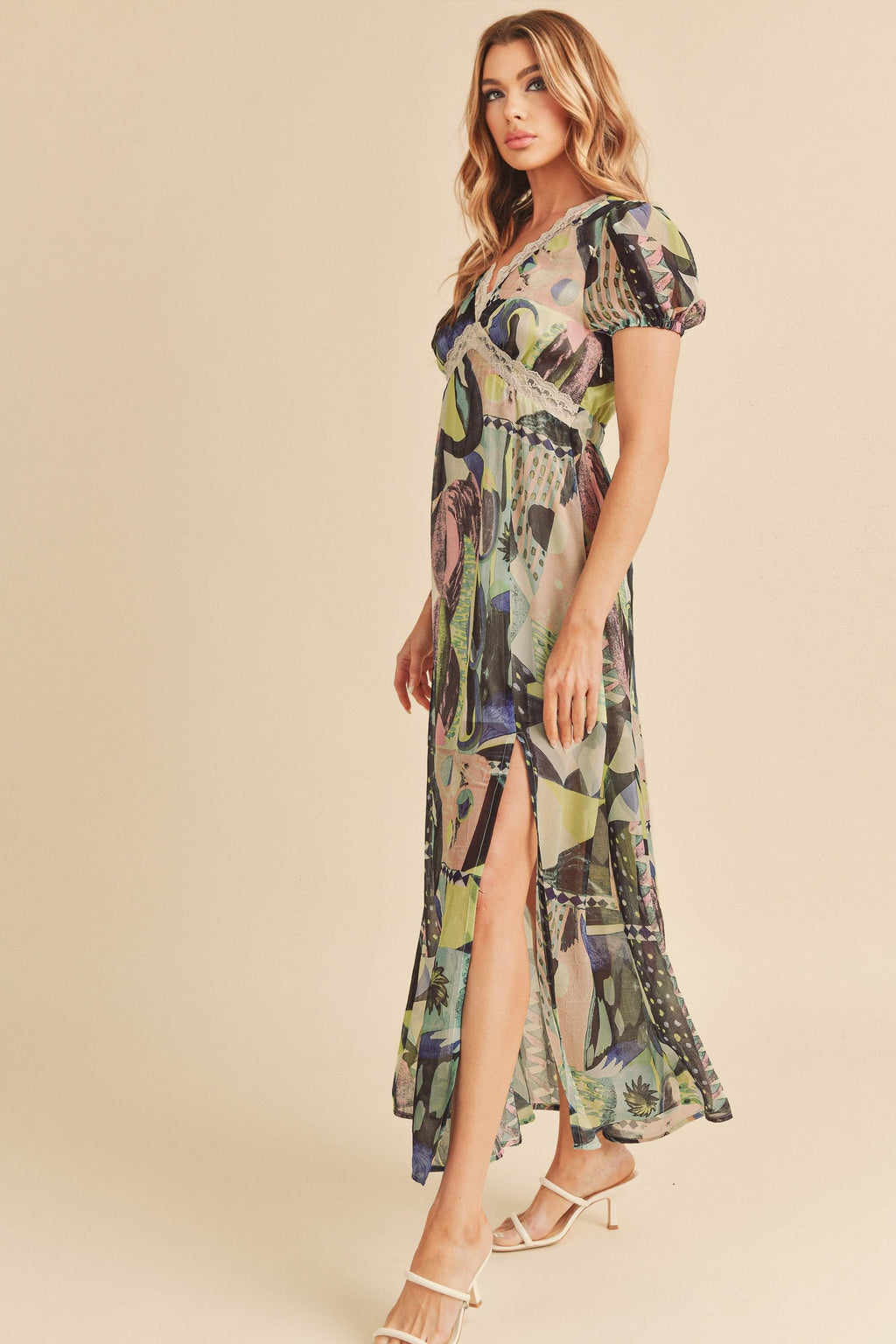 Geometric Print Chiffon Maxi Dress with Lace Slit Detail