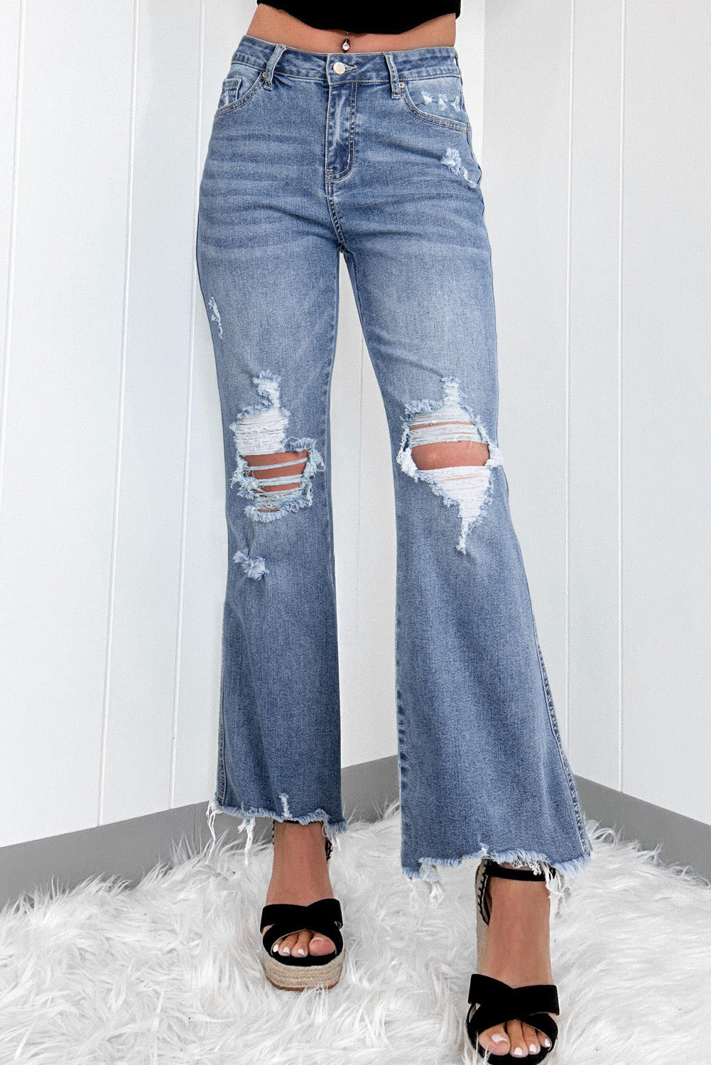 Dusk Blue High Rise Flared Jeans with Ripped Distressed Hem