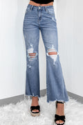 Dusk Blue High Rise Flared Jeans with Ripped Distressed Hem