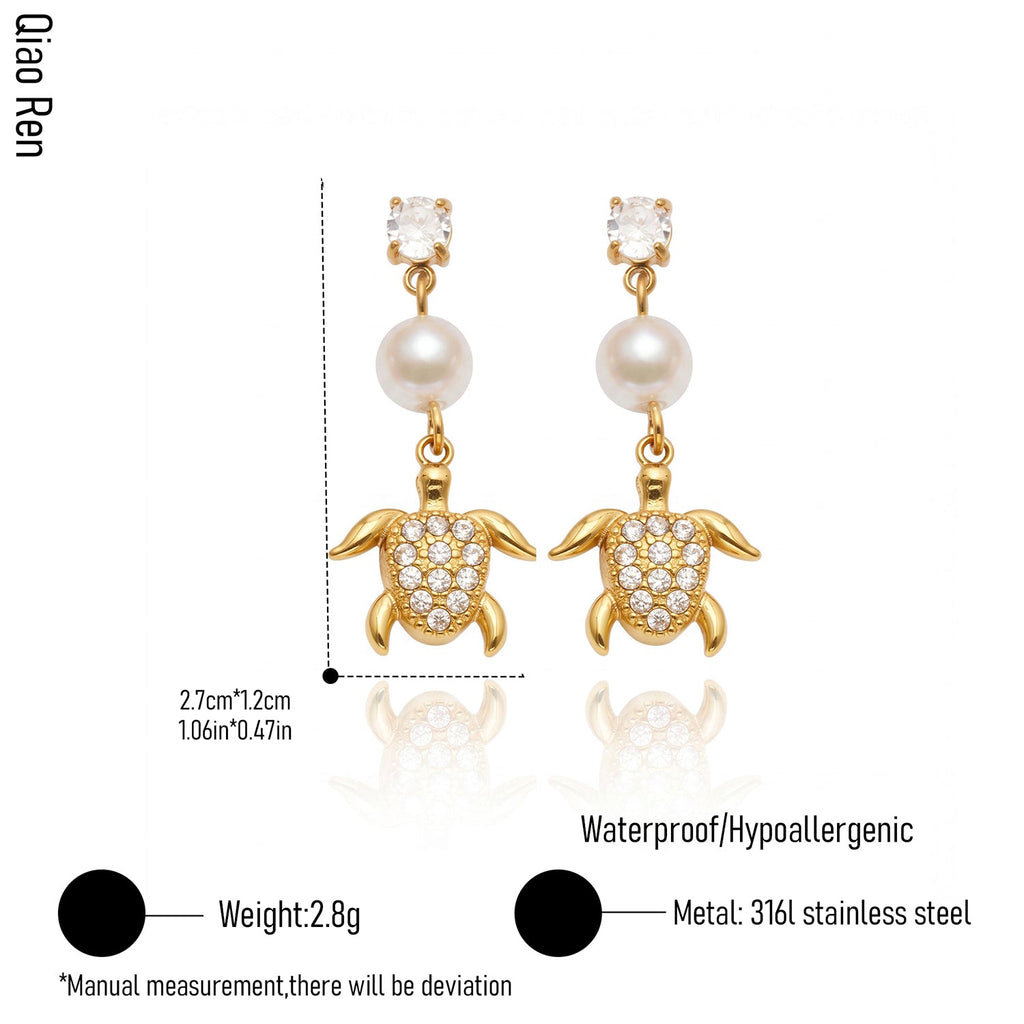 Bohemian High-quality Stainless Steel Turtle-shaped Pearl Earrings