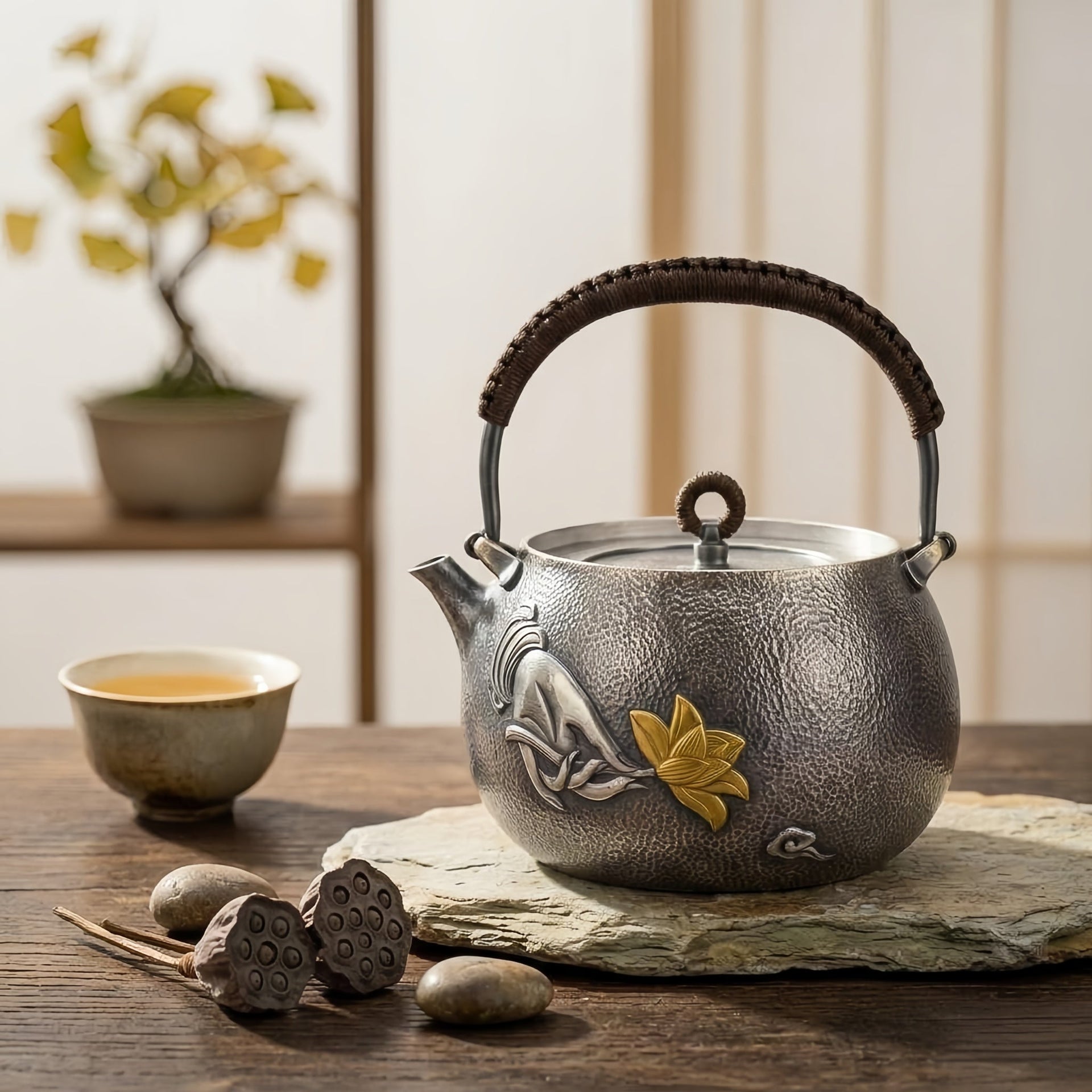 Pure 999 Fine Silver Artisanal Hammered Silver-Finish Teapot with Hand-Carved Gilded Lotus and Woven Rattan Handle - Handicraft