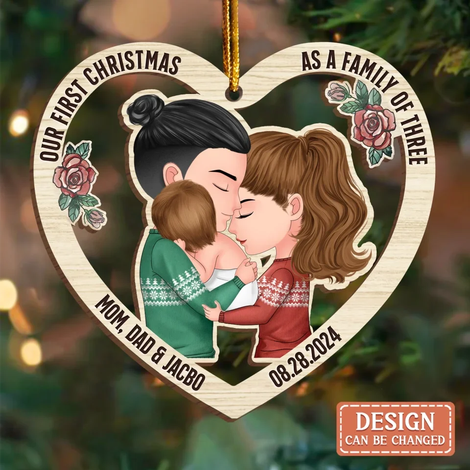 Personalized Family Wooden Ornament - Christmas Gift Idea For Family - Our First Christmas As A Family Of Three