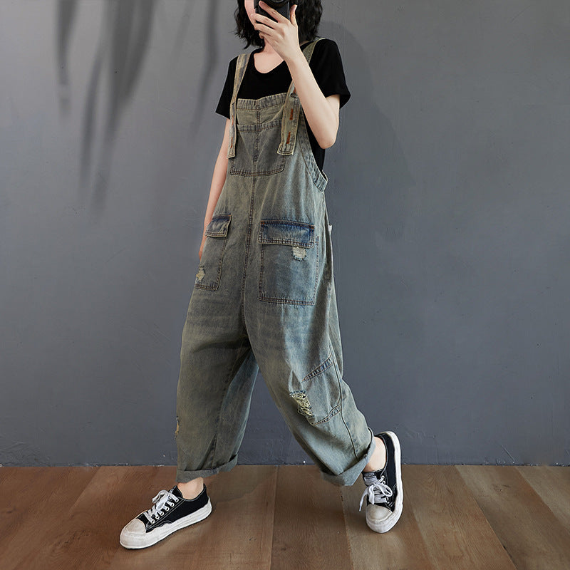 Women's Summer Retro Nostalgic Ripped Denim Overalls - Image 2