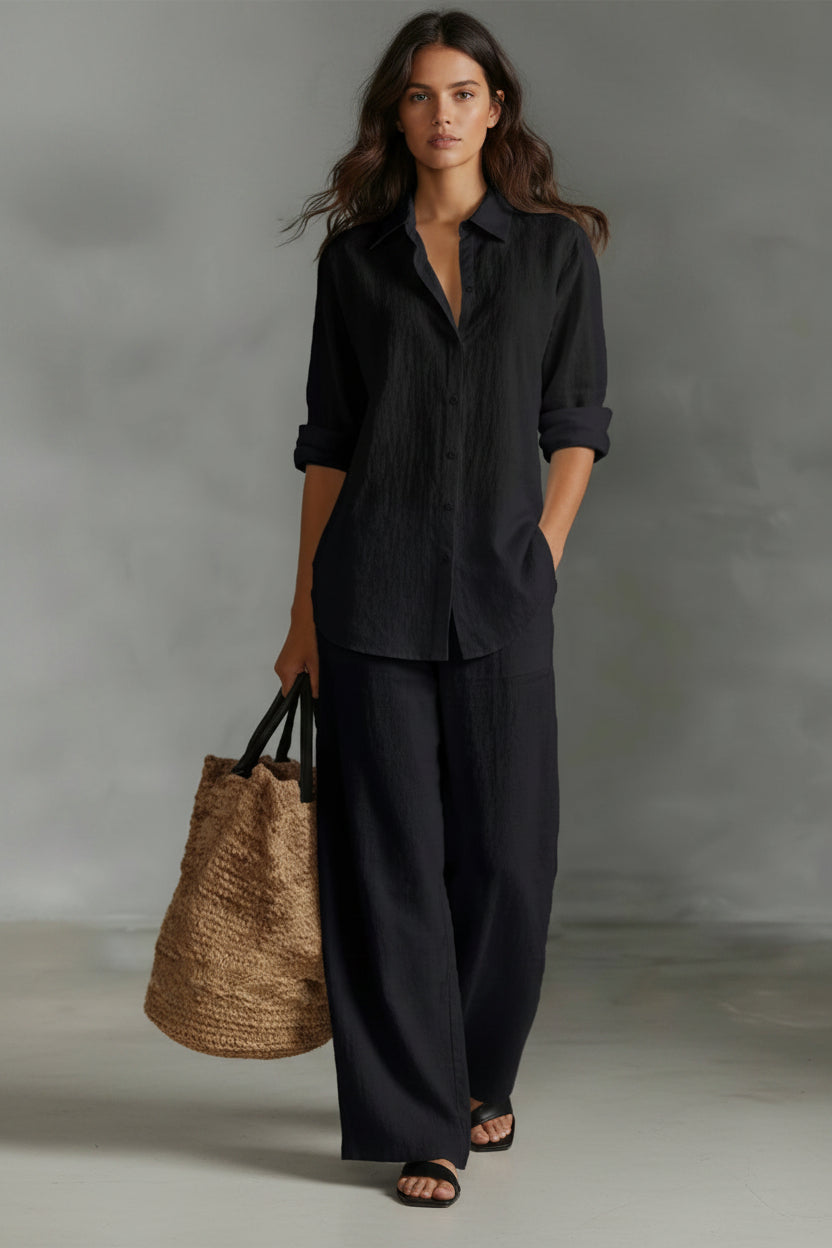 Women's Textured Two-Piece Button-Down Shirt and Wide-Leg Pants Set