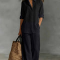 Women's Textured Two-Piece Button-Down Shirt and Wide-Leg Pants Set