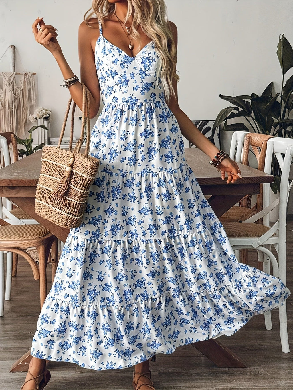 Women's Floral Print Backless Maxi Dress with Bow Detail - Image 6