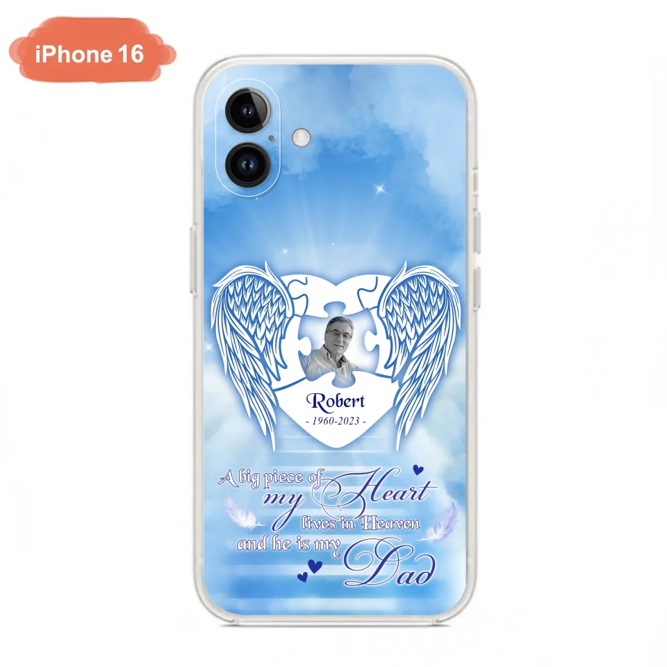 Custom Personalized Memorial Photo Phone Case - Memorial Gift Idea For Family - A Big Piece Of My Heart Lives In Heaven And He Is My Dad - Case For iPhone/Samsung