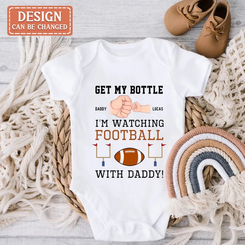 Personalized Watching Football Baby Onesie - Gift Idea For Your Kid - Get My Bottle I'm Watching Football With Daddy
