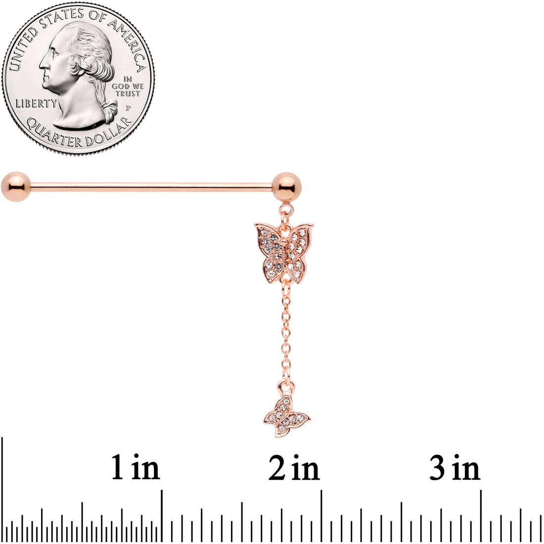 14G Clear Gem Rose Gold Tone Butterfly Dangle Industrial Barbell