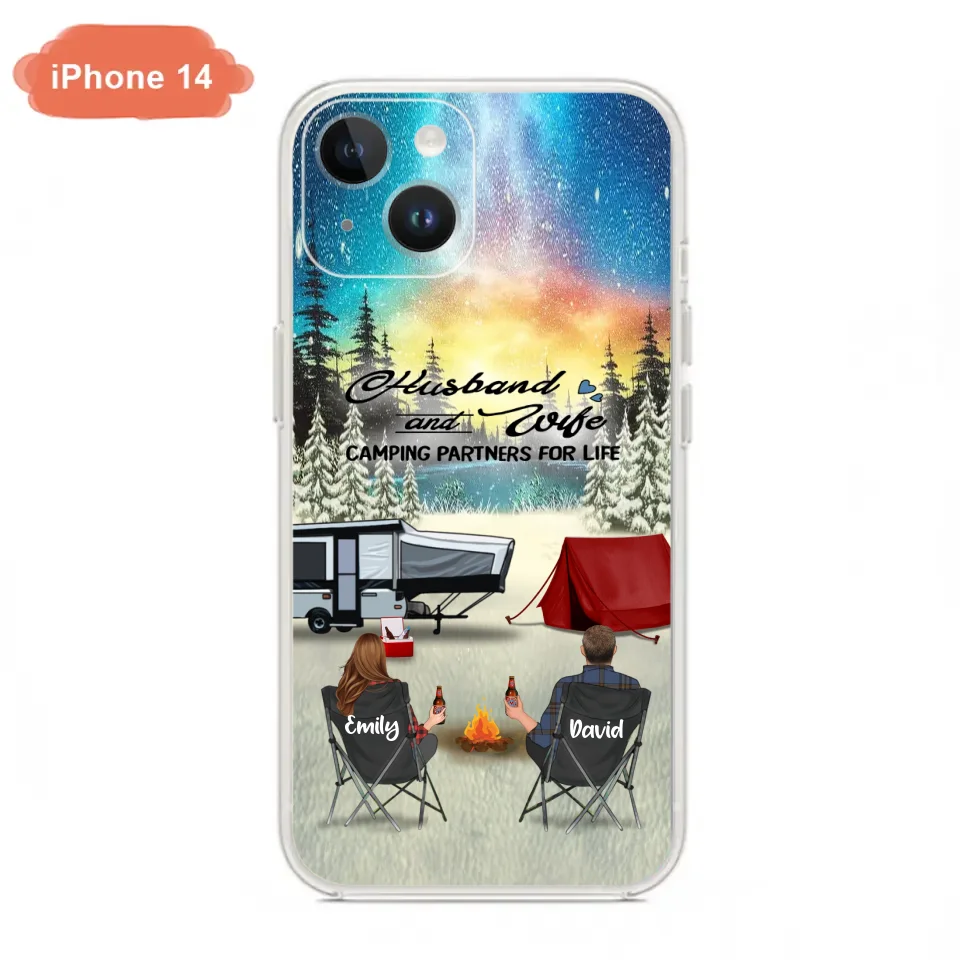 Custom Personalized Camping Xmas Phone Case - Christmas Gift For Camping Family/Couple/Single Parent/Solo - Upto 3 Kids and 4 Pets - Husband And Wife Camping Partners For Life - Case For iPhone And Samsung