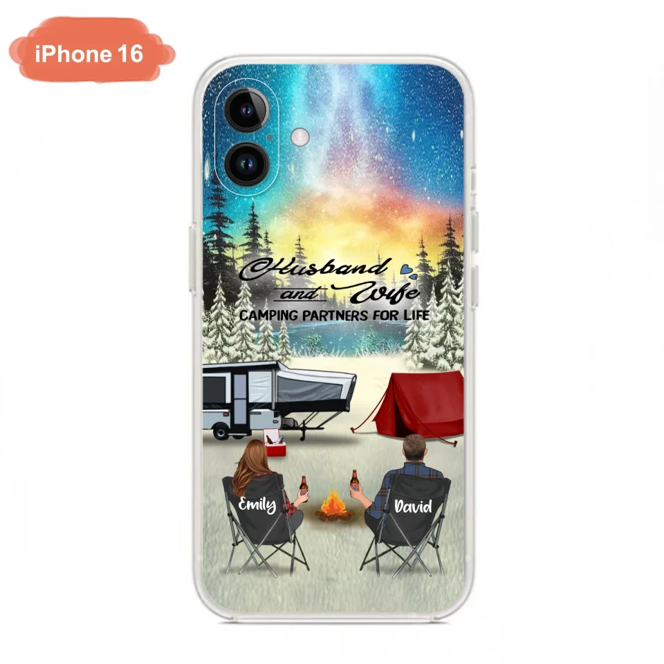 Custom Personalized Camping Xmas Phone Case - Christmas Gift For Camping Family/Couple/Single Parent/Solo - Upto 3 Kids and 4 Pets - Husband And Wife Camping Partners For Life - Case For iPhone And Samsung