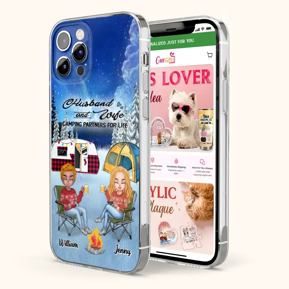 Personalized Camping Couple Xmas Phone Case - Christmas Gift For Couple/Camping Lover/ Dog Lover - Couple With Up to 4 Dogs - Husband And Wife Camping Partners For Life - Case For iPhone And Samsung