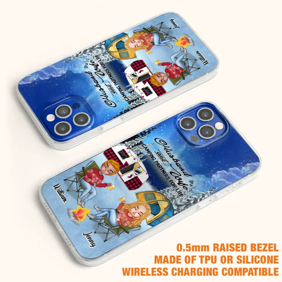 Personalized Camping Couple Xmas Phone Case - Christmas Gift For Couple/Camping Lover/ Dog Lover - Couple With Up to 4 Dogs - Husband And Wife Camping Partners For Life - Case For iPhone And Samsung
