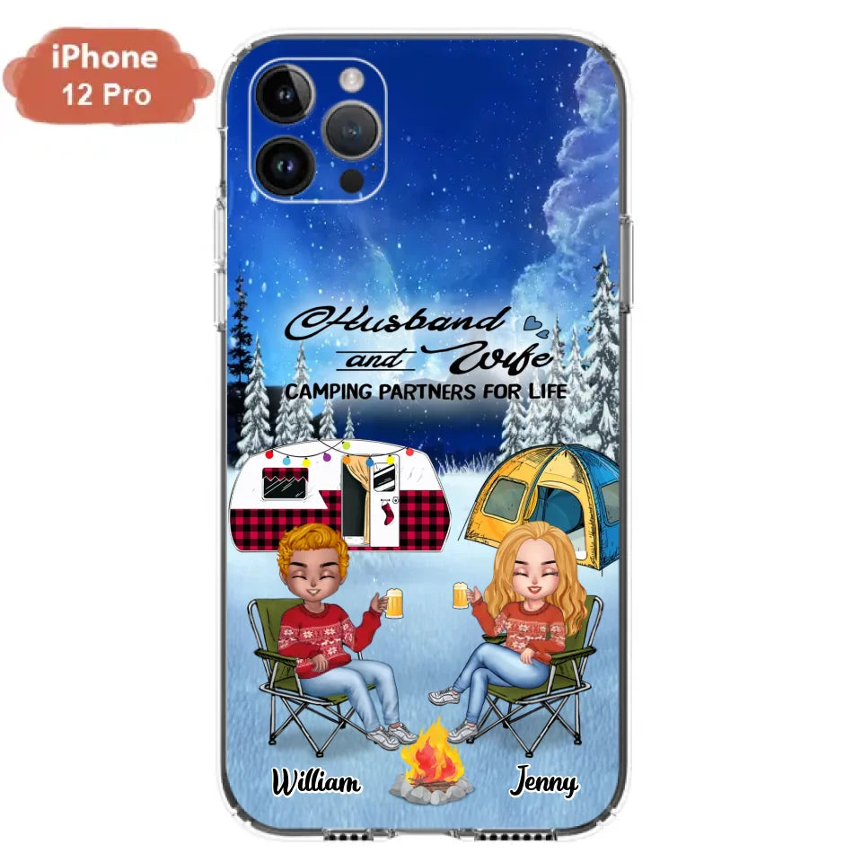 Personalized Camping Couple Xmas Phone Case - Christmas Gift For Couple/Camping Lover/ Dog Lover - Couple With Up to 4 Dogs - Husband And Wife Camping Partners For Life - Case For iPhone And Samsung