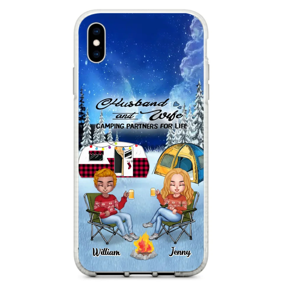 Personalized Camping Couple Xmas Phone Case - Christmas Gift For Couple/Camping Lover/ Dog Lover - Couple With Up to 4 Dogs - Husband And Wife Camping Partners For Life - Case For iPhone And Samsung