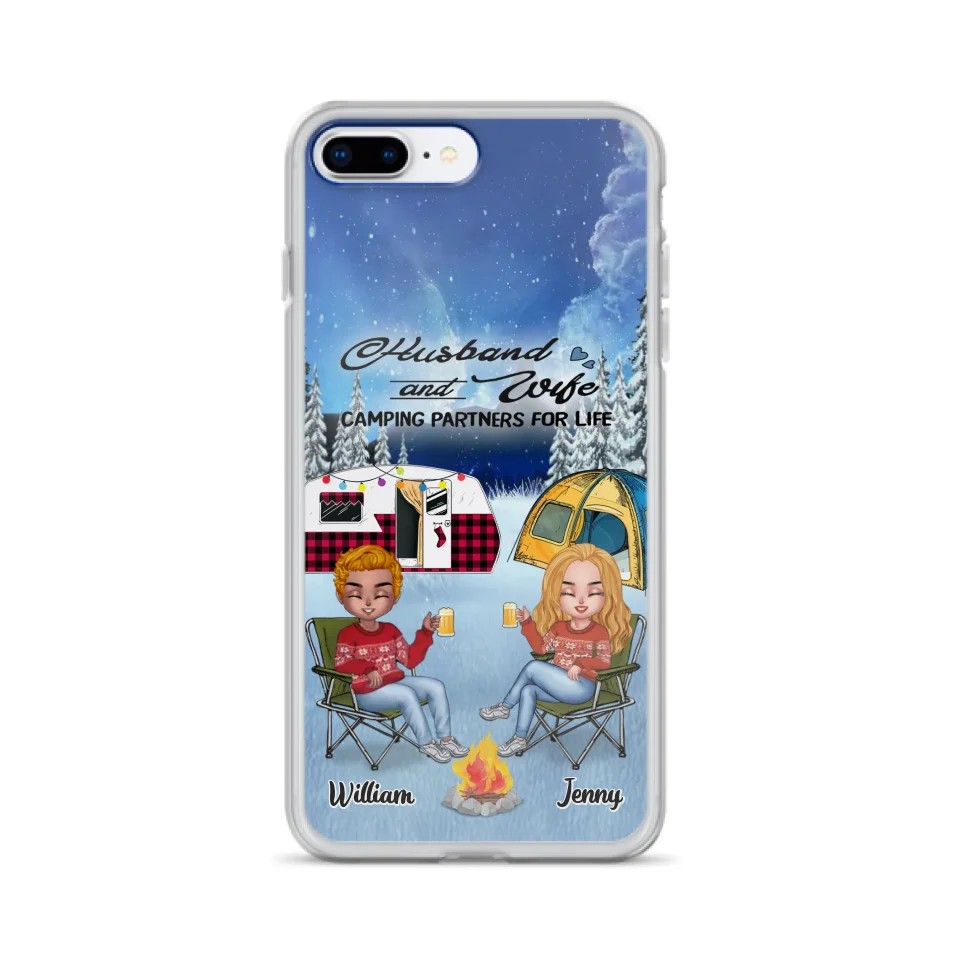 Personalized Camping Couple Xmas Phone Case - Christmas Gift For Couple/Camping Lover/ Dog Lover - Couple With Up to 4 Dogs - Husband And Wife Camping Partners For Life - Case For iPhone And Samsung