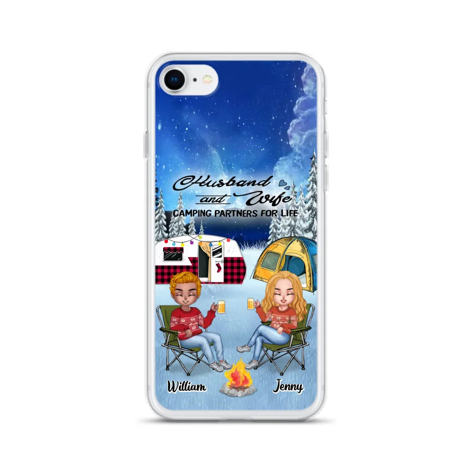 Personalized Camping Couple Xmas Phone Case - Christmas Gift For Couple/Camping Lover/ Dog Lover - Couple With Up to 4 Dogs - Husband And Wife Camping Partners For Life - Case For iPhone And Samsung