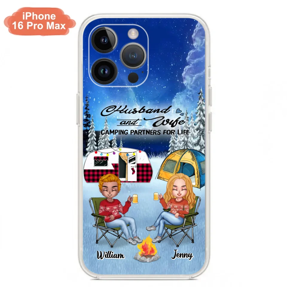 Personalized Camping Couple Xmas Phone Case - Christmas Gift For Couple/Camping Lover/ Dog Lover - Couple With Up to 4 Dogs - Husband And Wife Camping Partners For Life - Case For iPhone And Samsung
