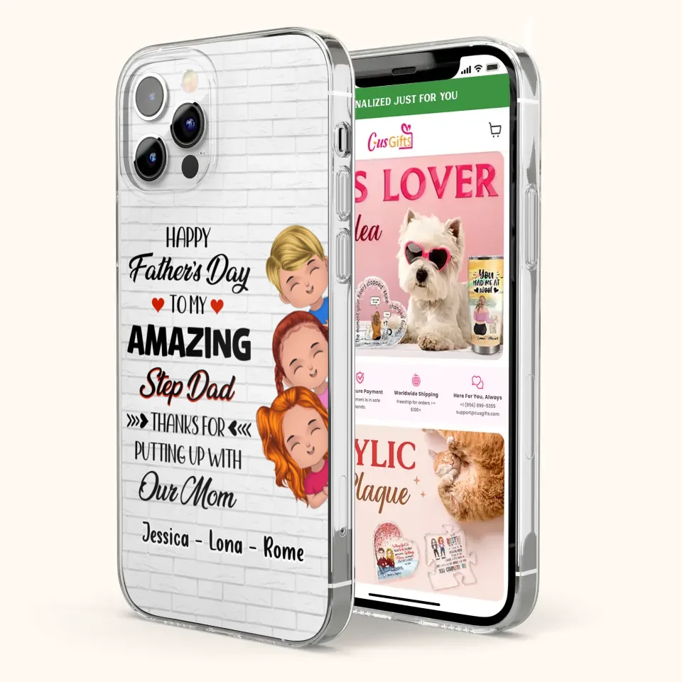 Personalized Dad Phone Case - Gift Idea For Father's Day - Up to 3 Kids - To My Amazing Step Dad Thanks For Putting Up With Our Mom - Case For iPhone & Samsung