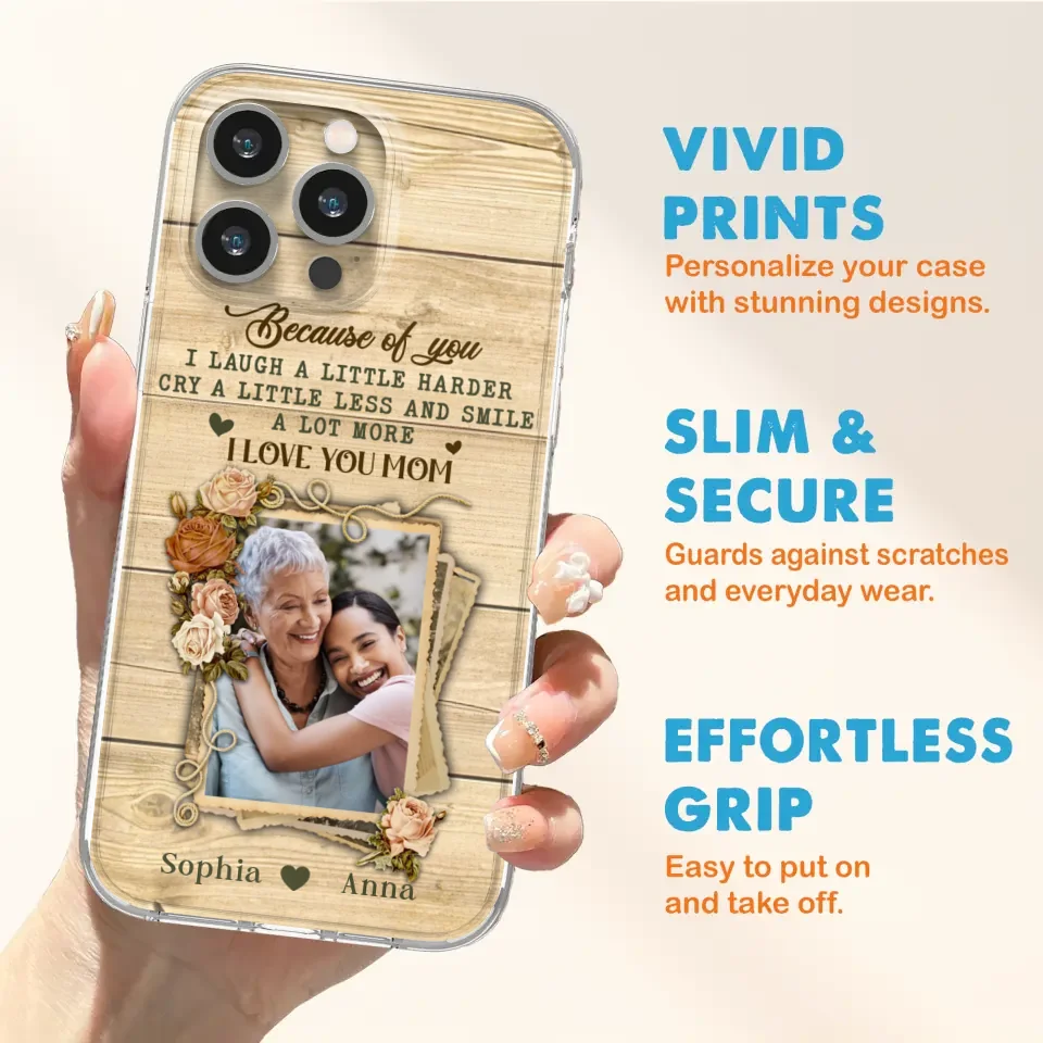 Custom Personalized Mother Phone Case - Upload Photo - Gift Idea For Mom/Daughter - Because Of You I Laugh A Little Harder Cry A Little Less - Case For iPhone/Samsung