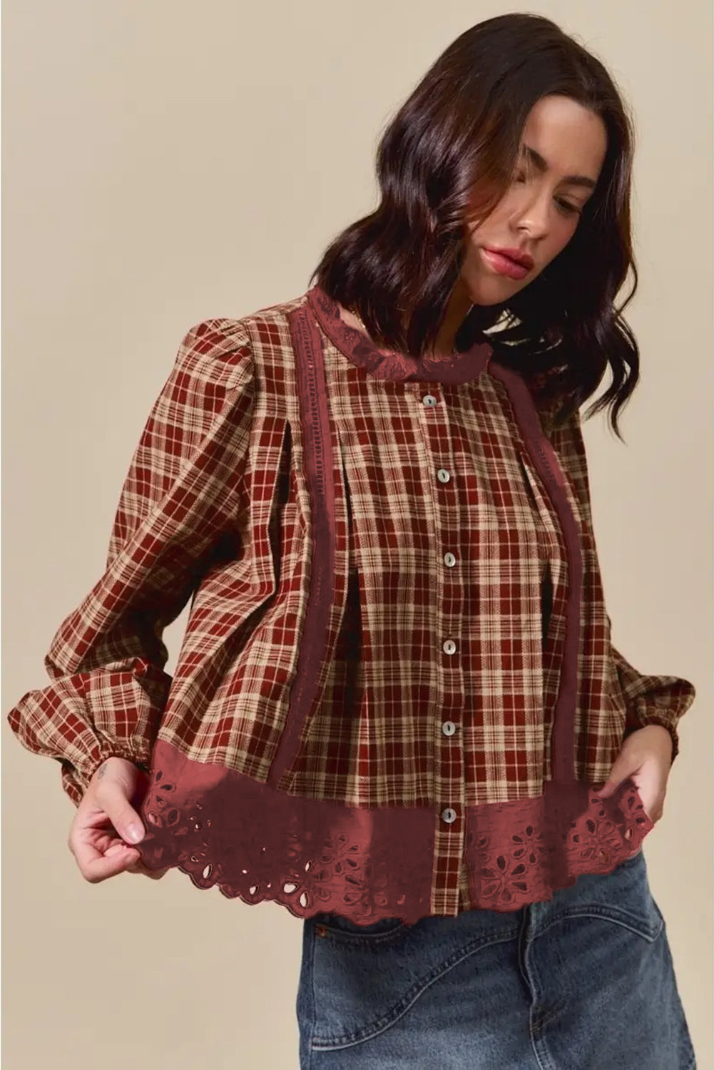 Red Dahlia Plaid Eyelet Lace Trim Button Down Shirt
