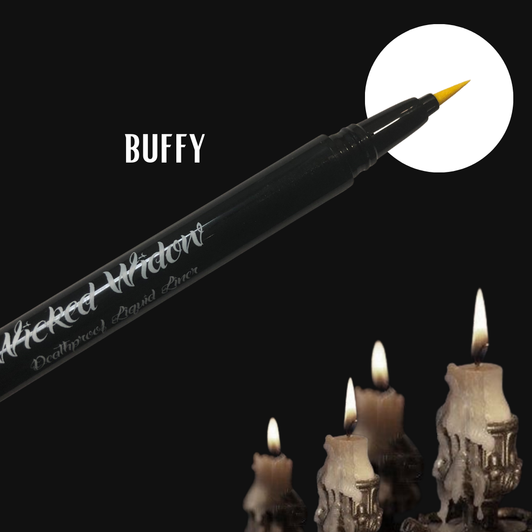 Wicked Widow Beauty Deathproof Liquid Liner pen with a fine tip applicator, shown in Buffy and Jigsaw shades.