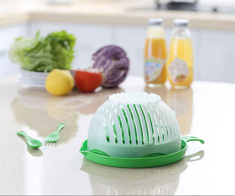 Modern Salad Cutter Bowl - 20cm Functional Kitchen Tool, Green/White