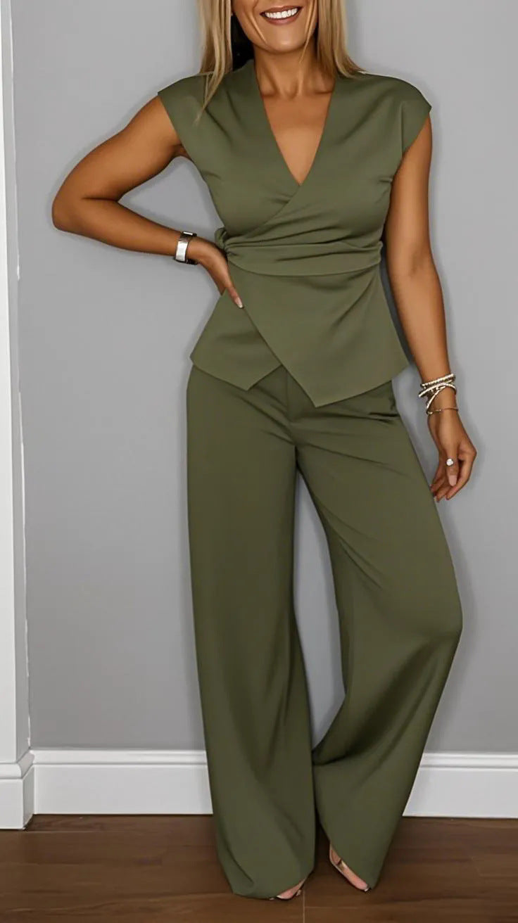 Women's Wrap Vest and Wide Leg Pants Set with Metal Buckle - Image 7