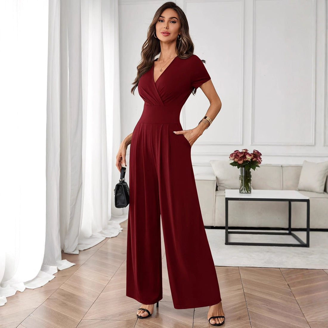 Three-Quarter Sleeve Pleated Wide-Leg Jumpsuit | 2 Colors S–XL