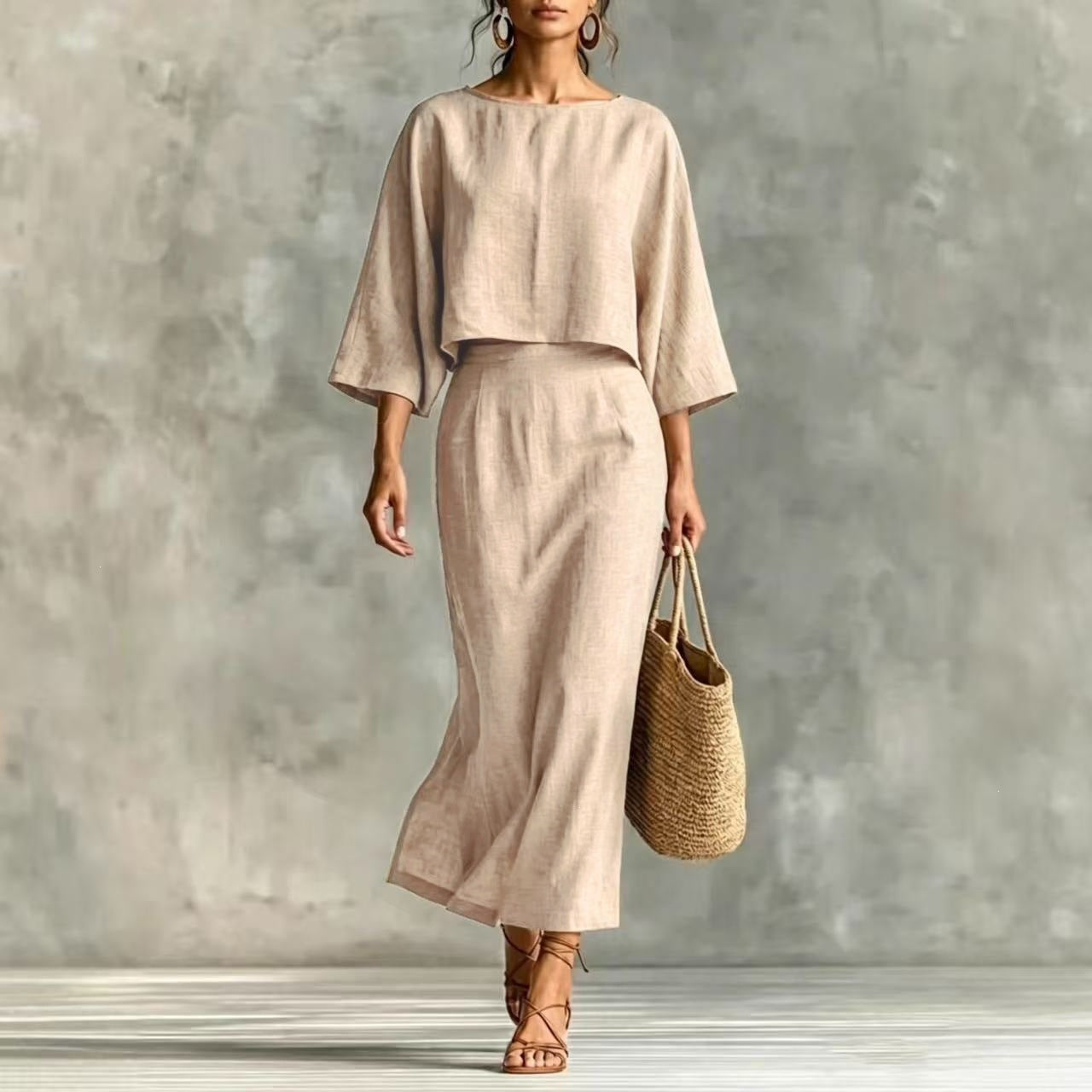 Linen High Waist Long Skirt and 3/4 Sleeve Loose Top Set
