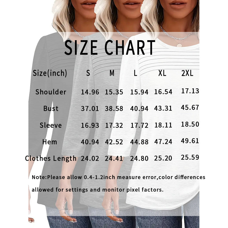 Women's 3-Pack 3/4 Sleeve Pleated Round Neck Tunic Tops