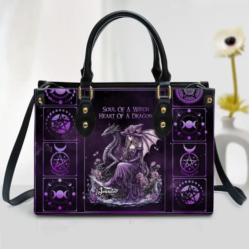 Personalized Witch PU Leather Handbag With Long Straps - Halloween Gift Idea For Witch - Soul Of A Witch Heart Of A Dragon