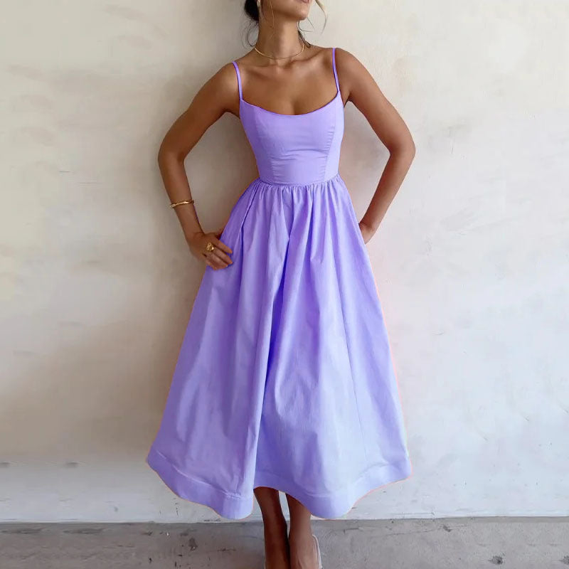 Women's Solid Color Sweet Suspender Midi Dress Summer Casual - Image 4