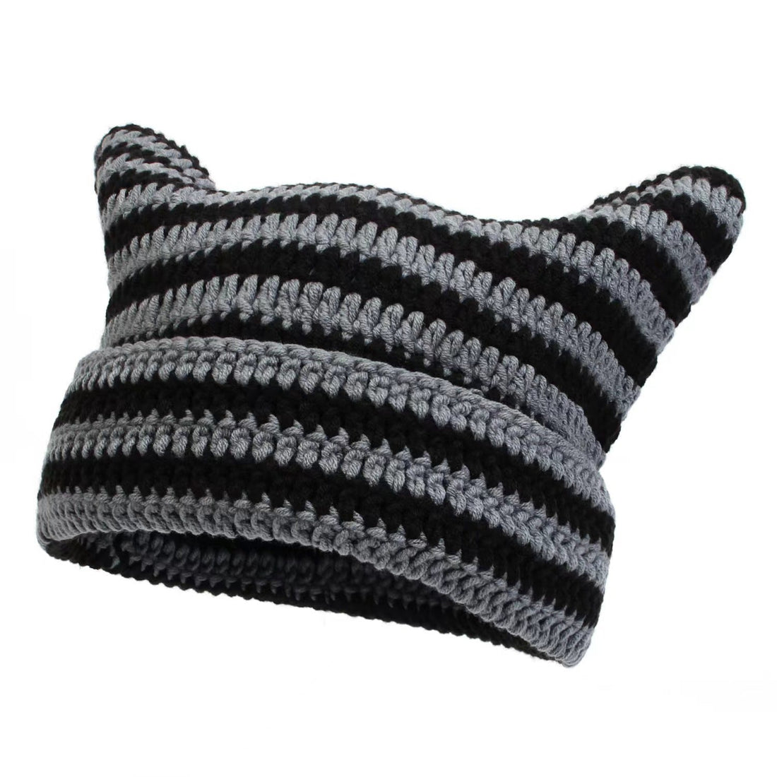 Women's Hand Knitted Striped Cat Beanie Hat