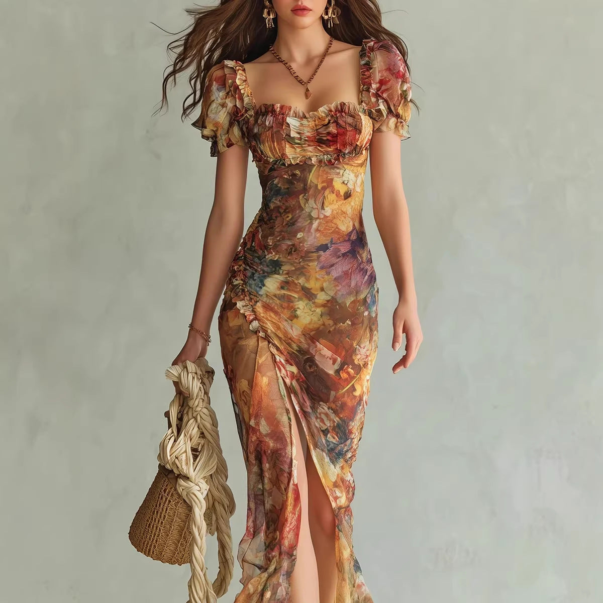 Orange V-Neck Ruffle Hem Maxi Dress