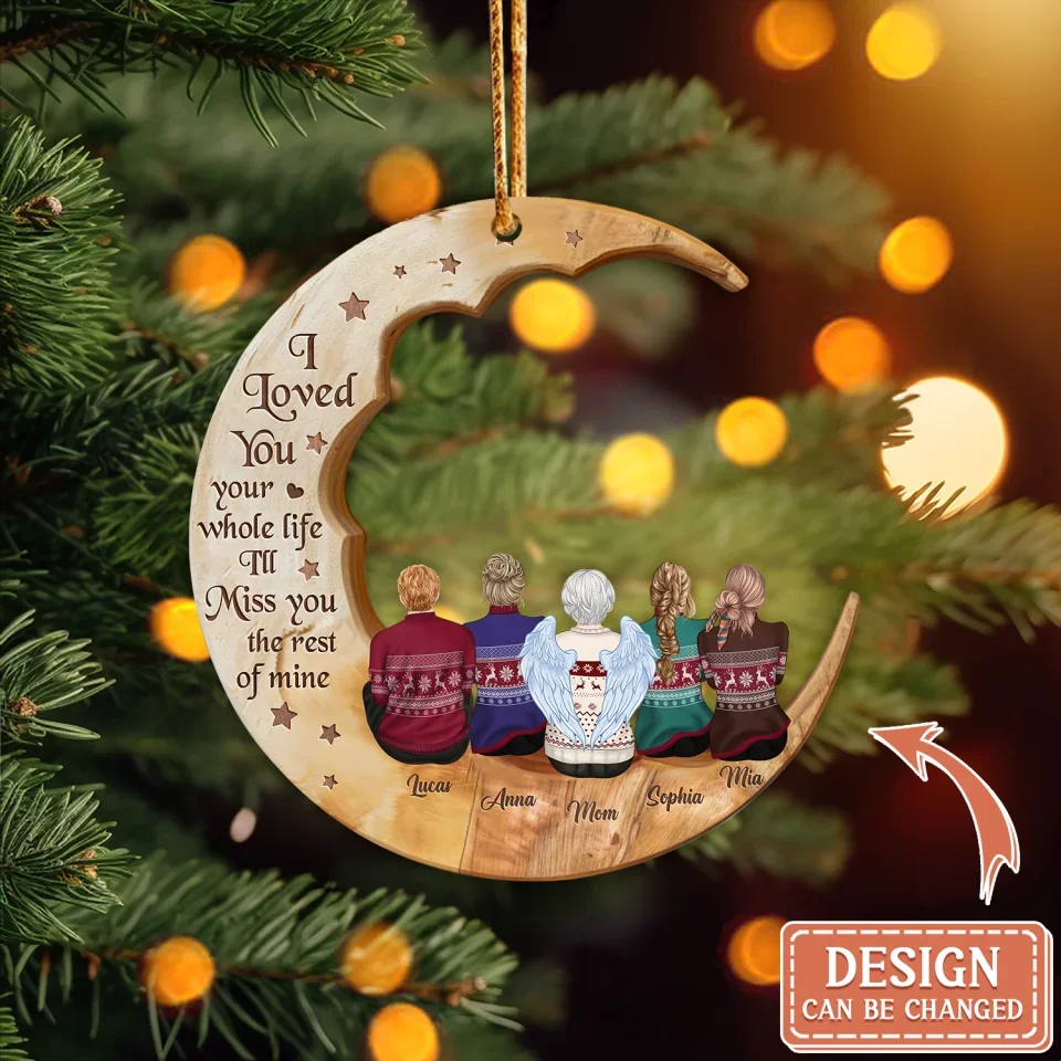 Personalized Memorial Family Moon Wooden Ornament - Memorial Gift Idea For Parent/Husband/Wife/ Siblings - Up to 7 People - I Love You To The Moon & Back