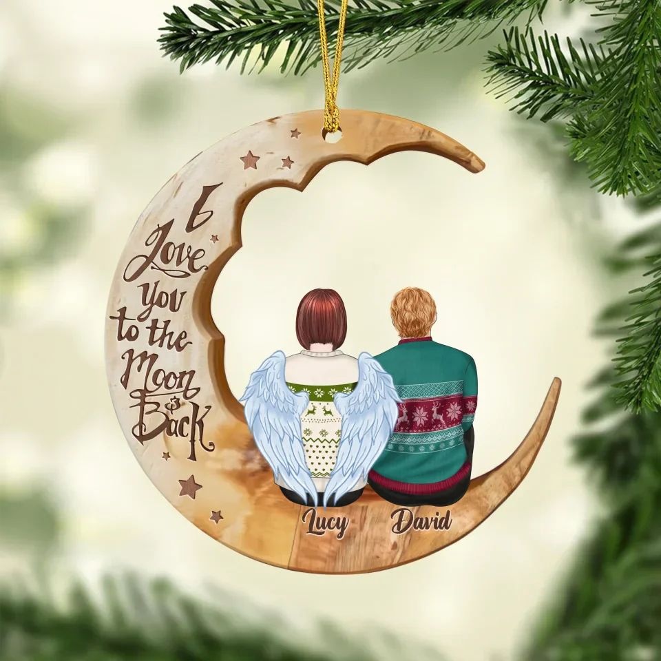Personalized Memorial Family Moon Wooden Ornament - Memorial Gift Idea For Parent/Husband/Wife/ Siblings - Up to 7 People - I Love You To The Moon & Back